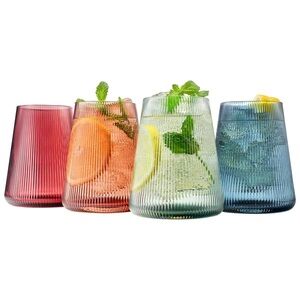 KHEN Tonal Ribbed Stemless Wine Glassware. 4.5 H. 13.5 Oz. Set of 4. New